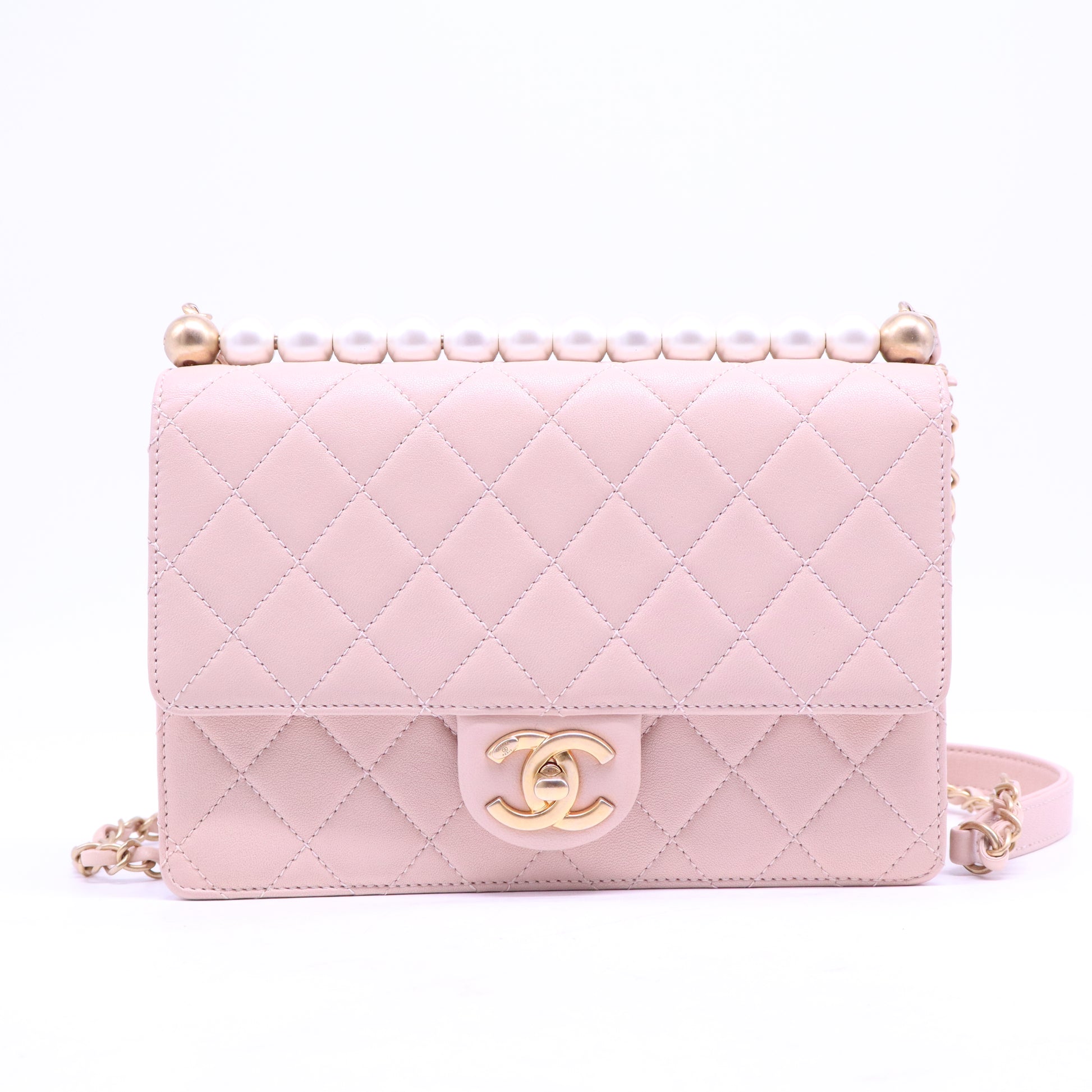 Goatskin Quilted Small Chic Pearls Flap Pink B20998