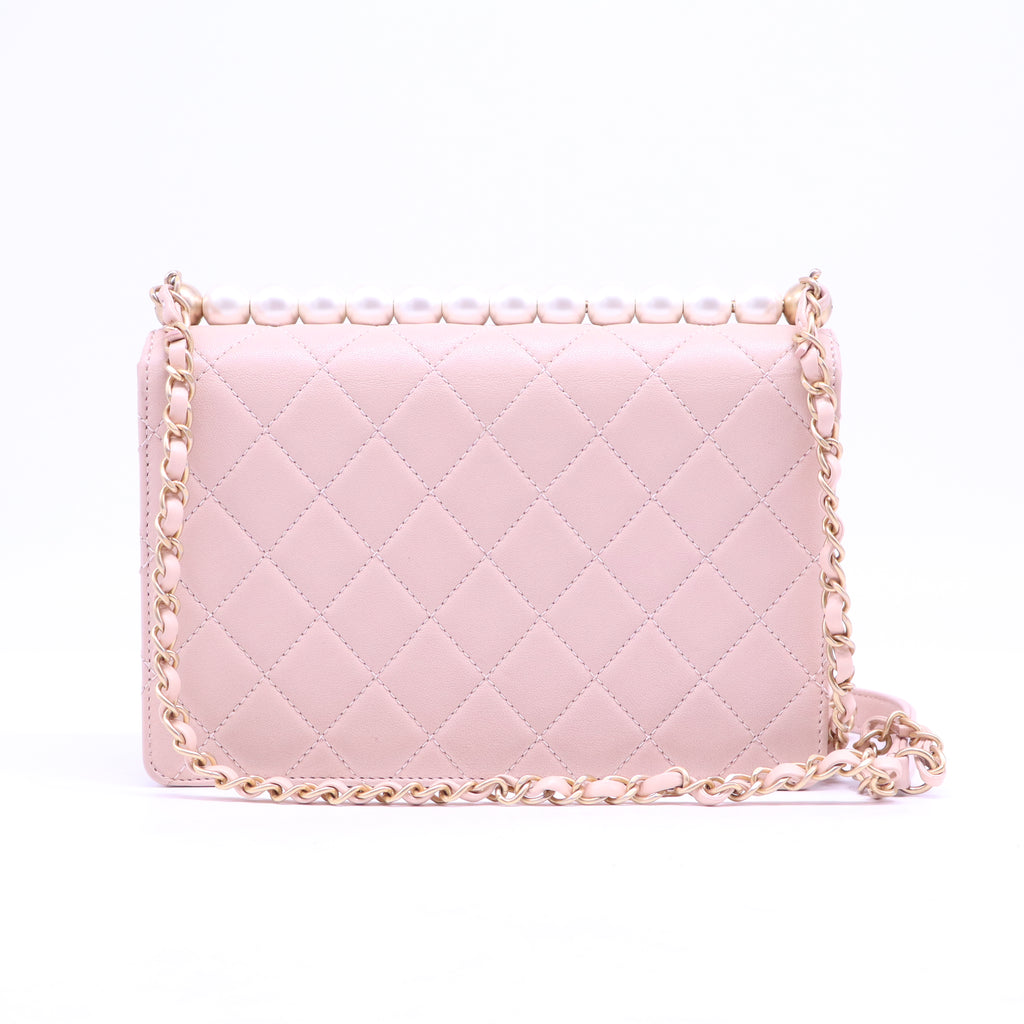 Goatskin Quilted Small Chic Pearls Flap Pink B20998