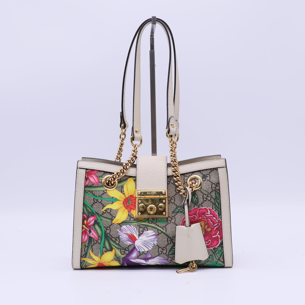 Gucci Beige Multicolor Floral Print GG Supreme Coated Canvas Small Padlock Shoulder Bag twins LDJ4187