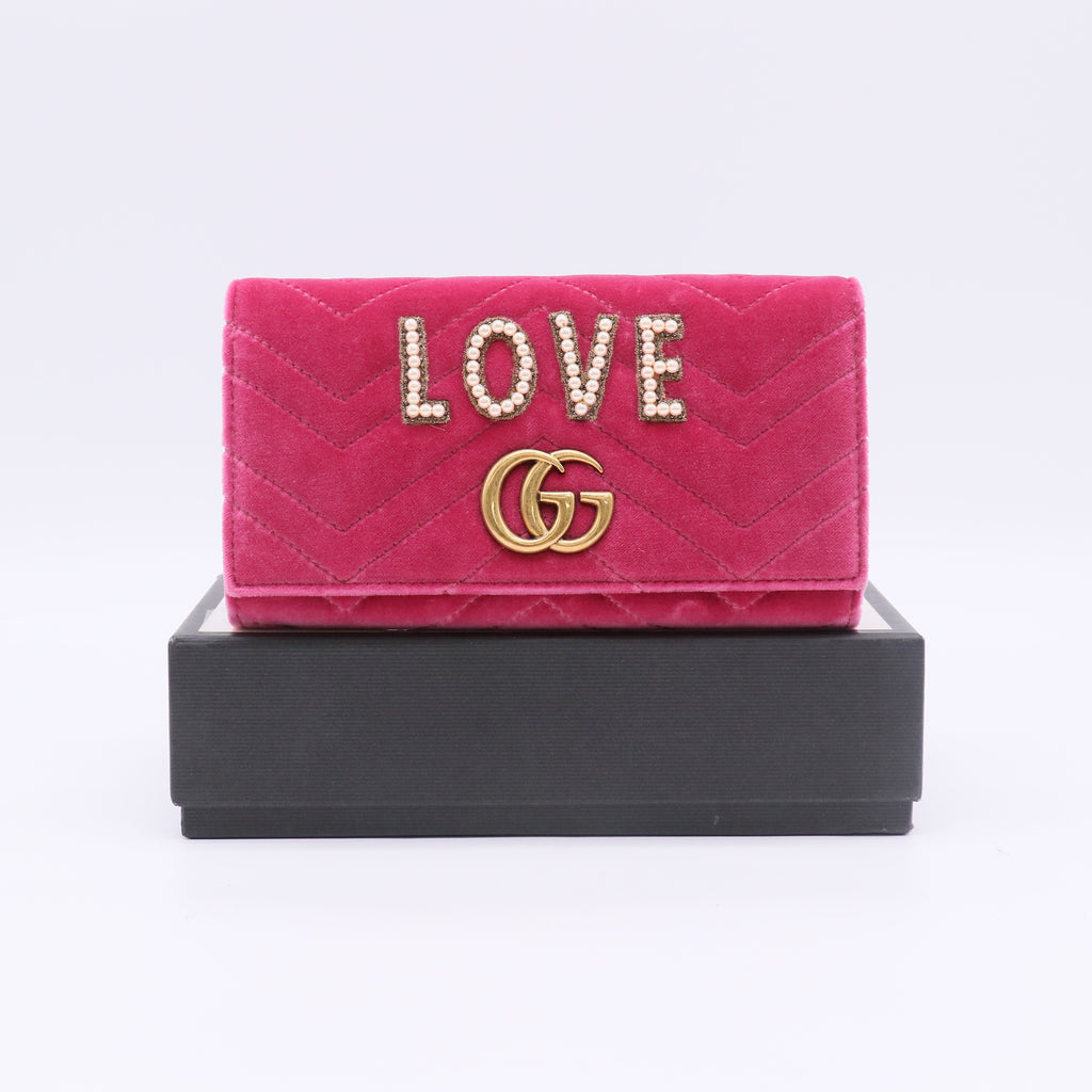 Gucci GG Marmont Velvet Matelassé "LOVE" Pearl Continental Wallet W22699