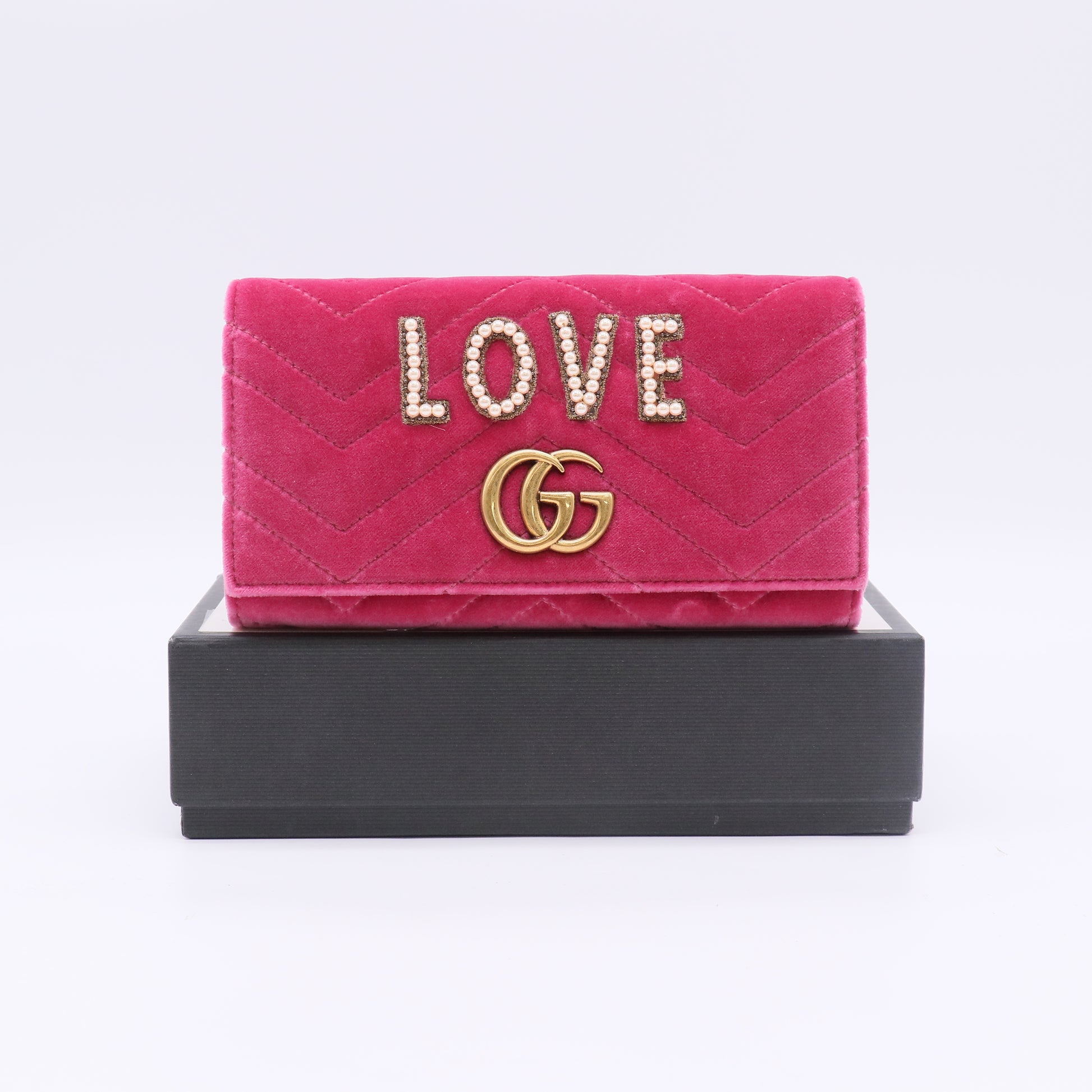 Gucci GG Marmont Velvet Matelassé "LOVE" Pearl Continental Wallet W22699