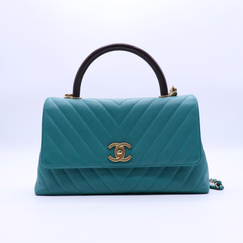 Chanel Caviar Lizard Embossed Chevron Quilted Mini Coco Handle Flap Green B21460