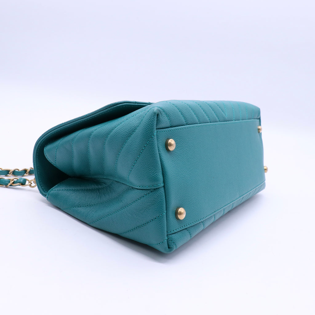 Chanel Caviar Lizard Embossed Chevron Quilted Mini Coco Handle Flap Green B21460