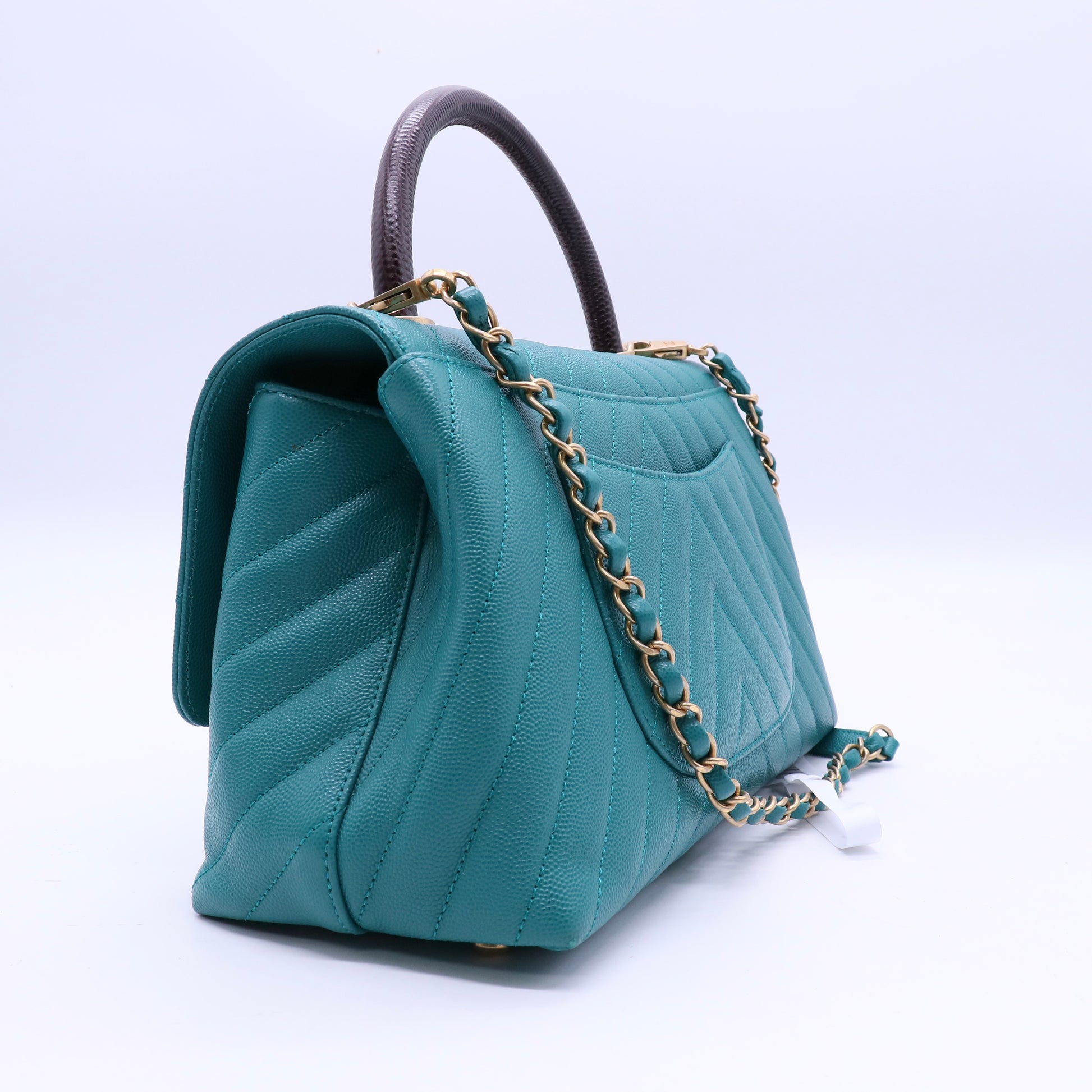 Chanel Caviar Lizard Embossed Chevron Quilted Mini Coco Handle Flap Green B21460