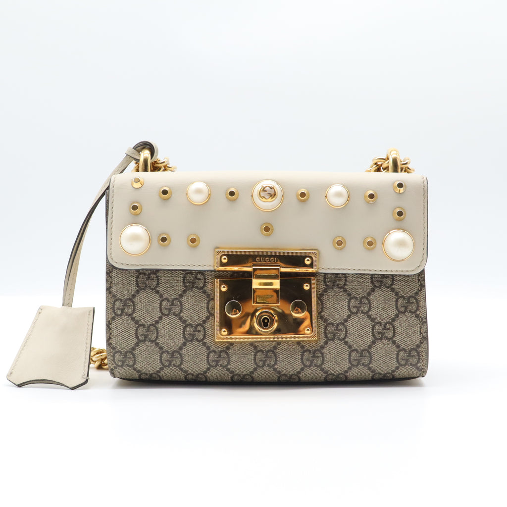 Gucci GG Supreme Pearl Studded Padlock Small Shoulder Bag B21838