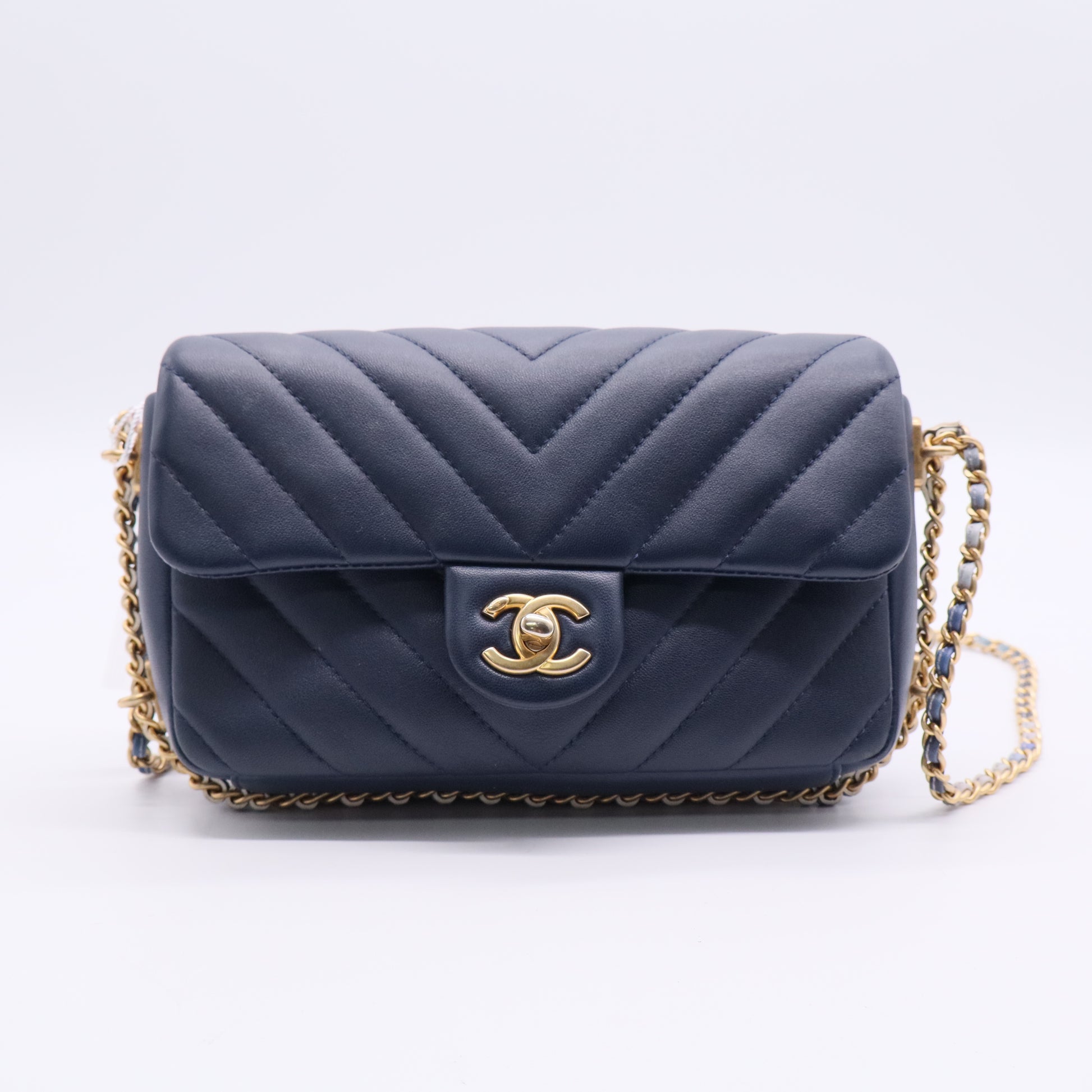 Chanel Lambskin Chevron Quilted Mini Chain Around Rectangular Flap Blue Twins LDJ2857