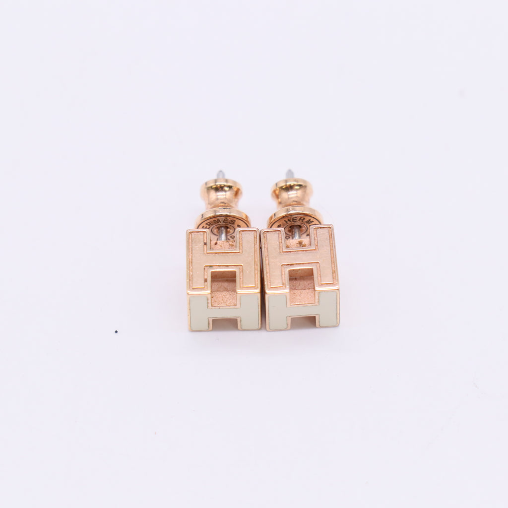 Hermès Rose Gold Lacquered Cage d'H Earrings White W23077