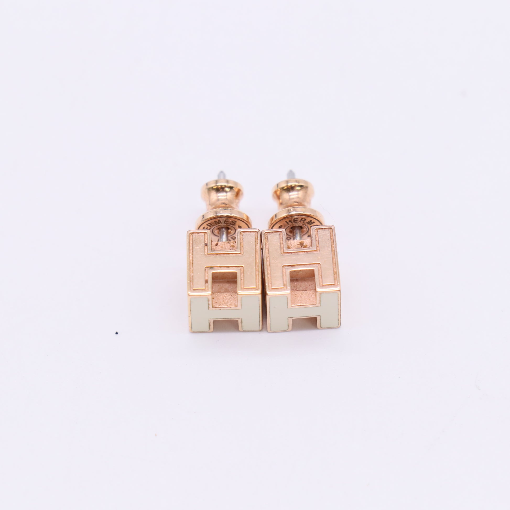 Hermès Rose Gold Lacquered Cage d'H Earrings White W23077