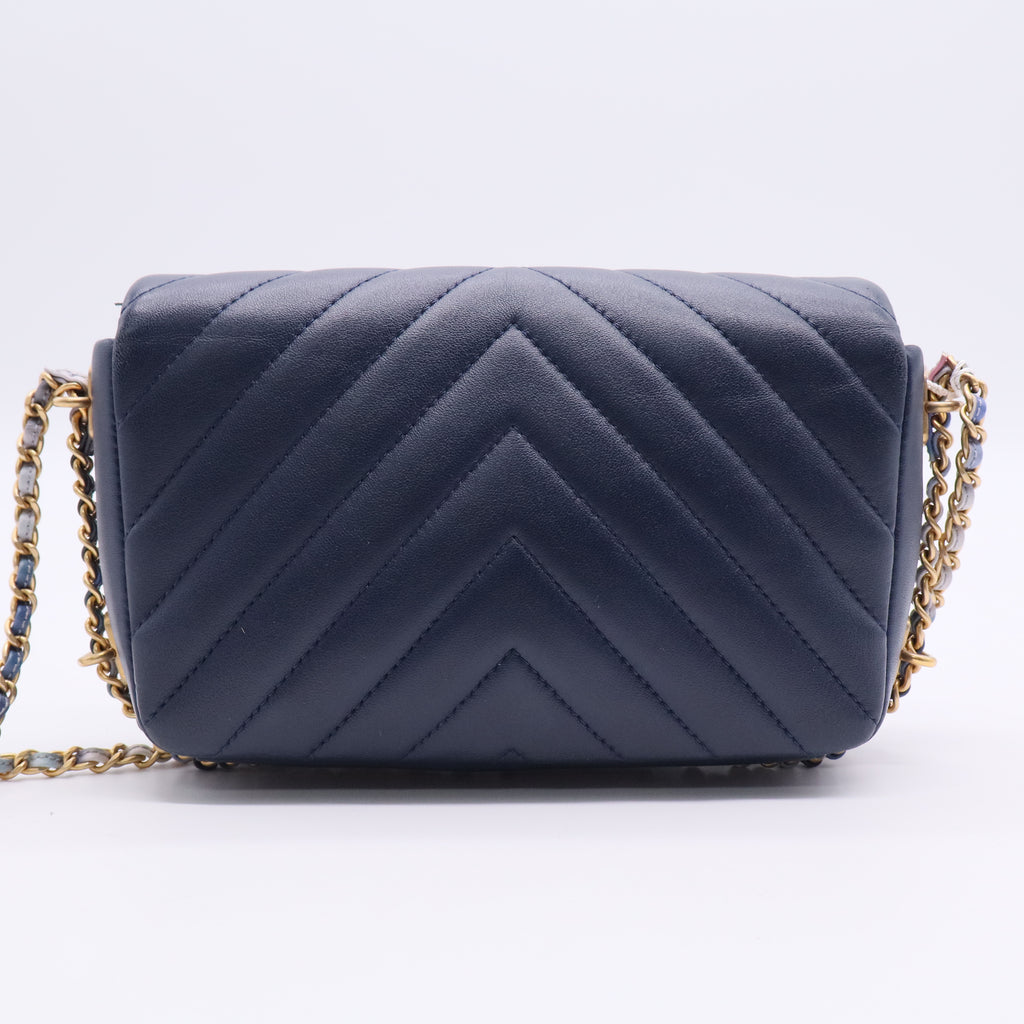 Chanel Lambskin Chevron Quilted Mini Chain Around Rectangular Flap Blue Twins LDJ2857