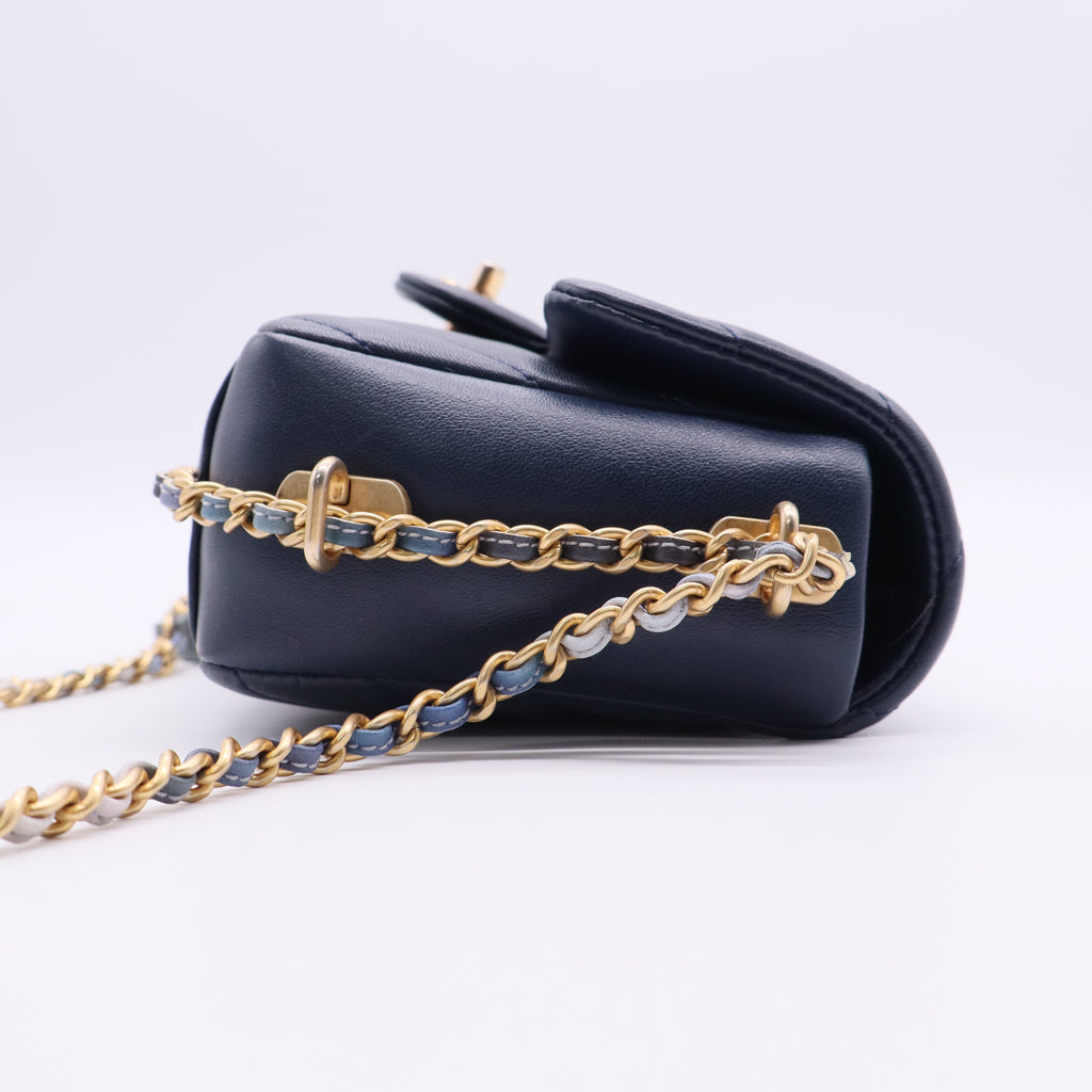 Chanel Lambskin Chevron Quilted Mini Chain Around Rectangular Flap Blue Twins LDJ2857