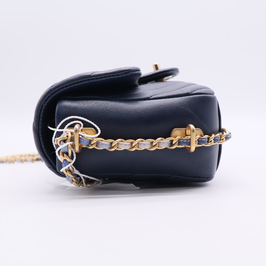 Chanel Lambskin Chevron Quilted Mini Chain Around Rectangular Flap Blue Twins LDJ2857