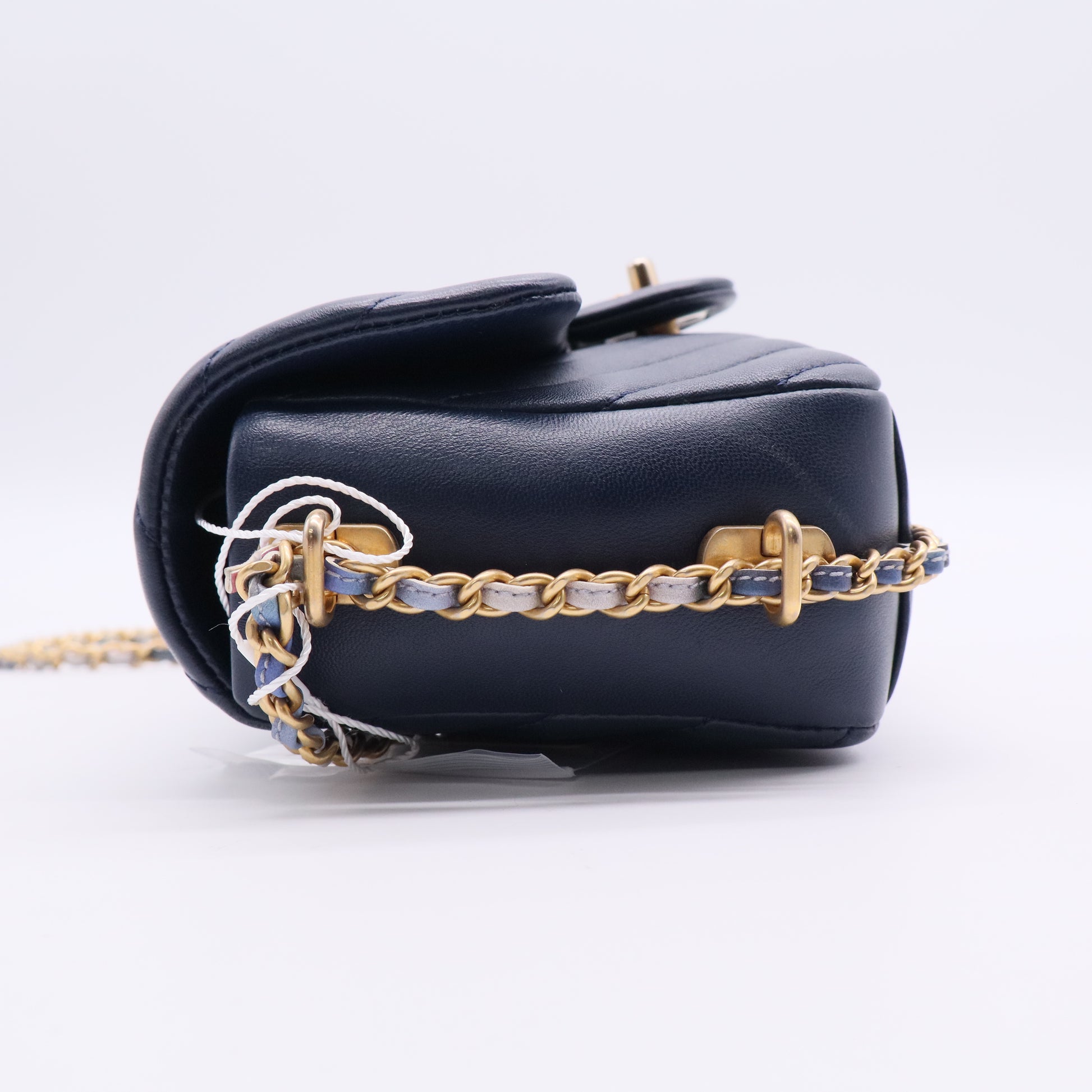 Chanel Lambskin Chevron Quilted Mini Chain Around Rectangular Flap Blue Twins LDJ2857