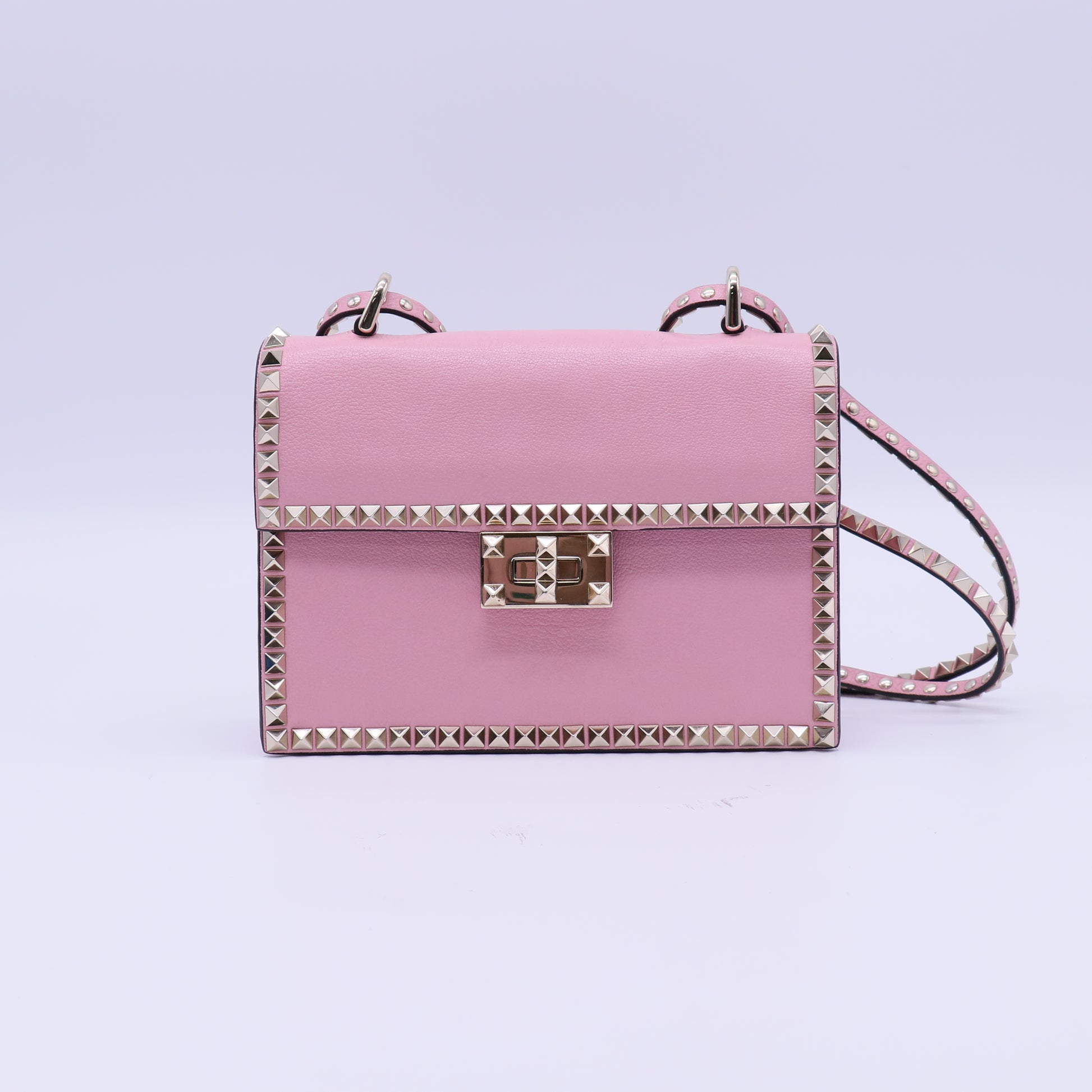 Pebbled Calfskin Rockstud Flip Lock Chain Crossbody Bag Twins B21881