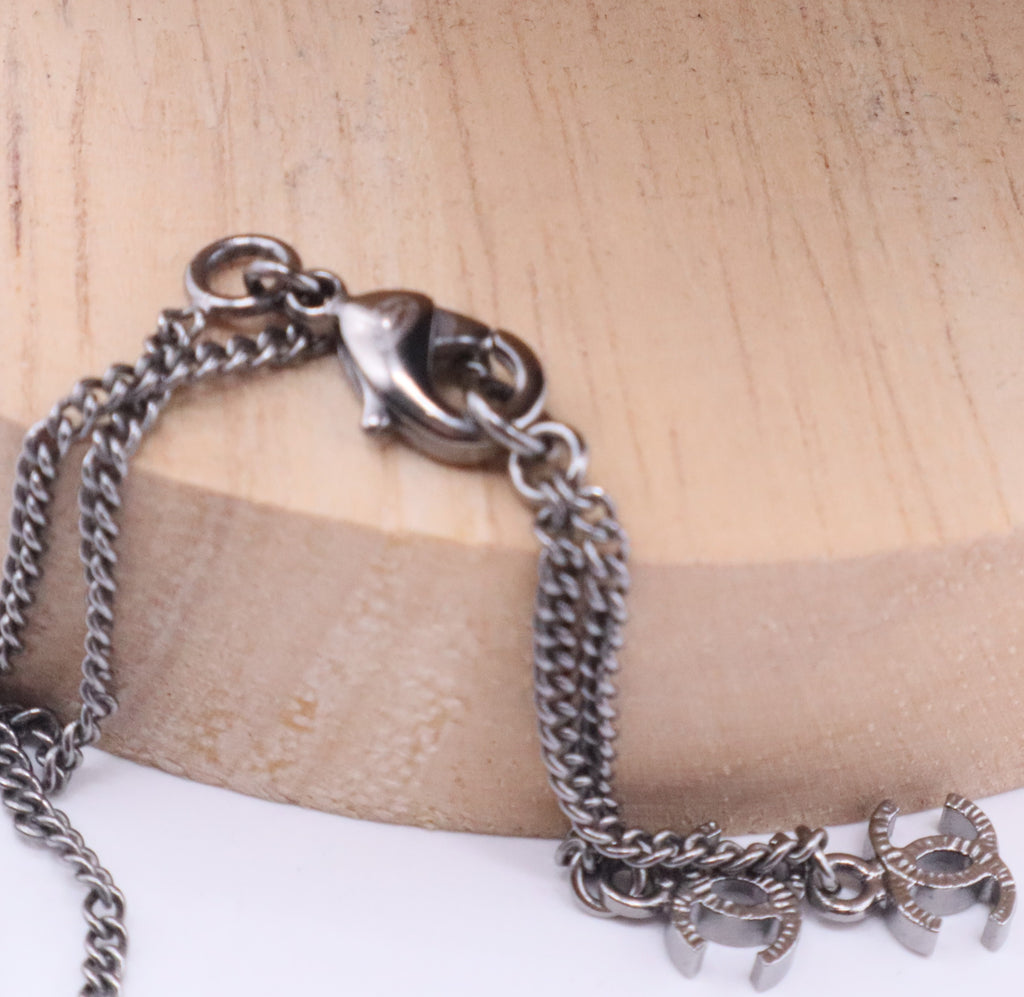 CC Logo Black Bead Faux Pearl Necklace