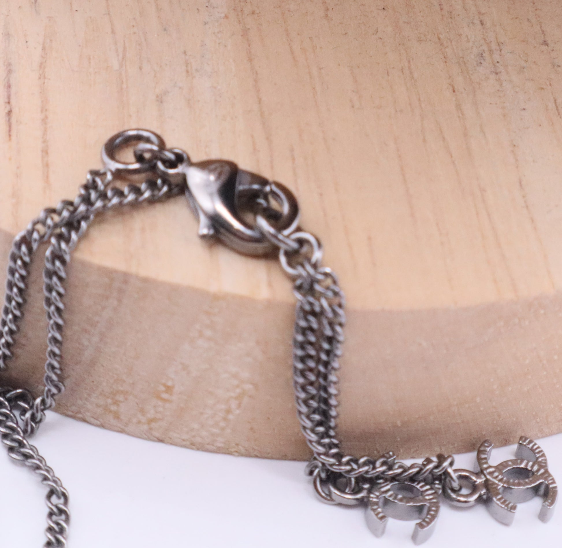 CC Logo Black Bead Faux Pearl Necklace