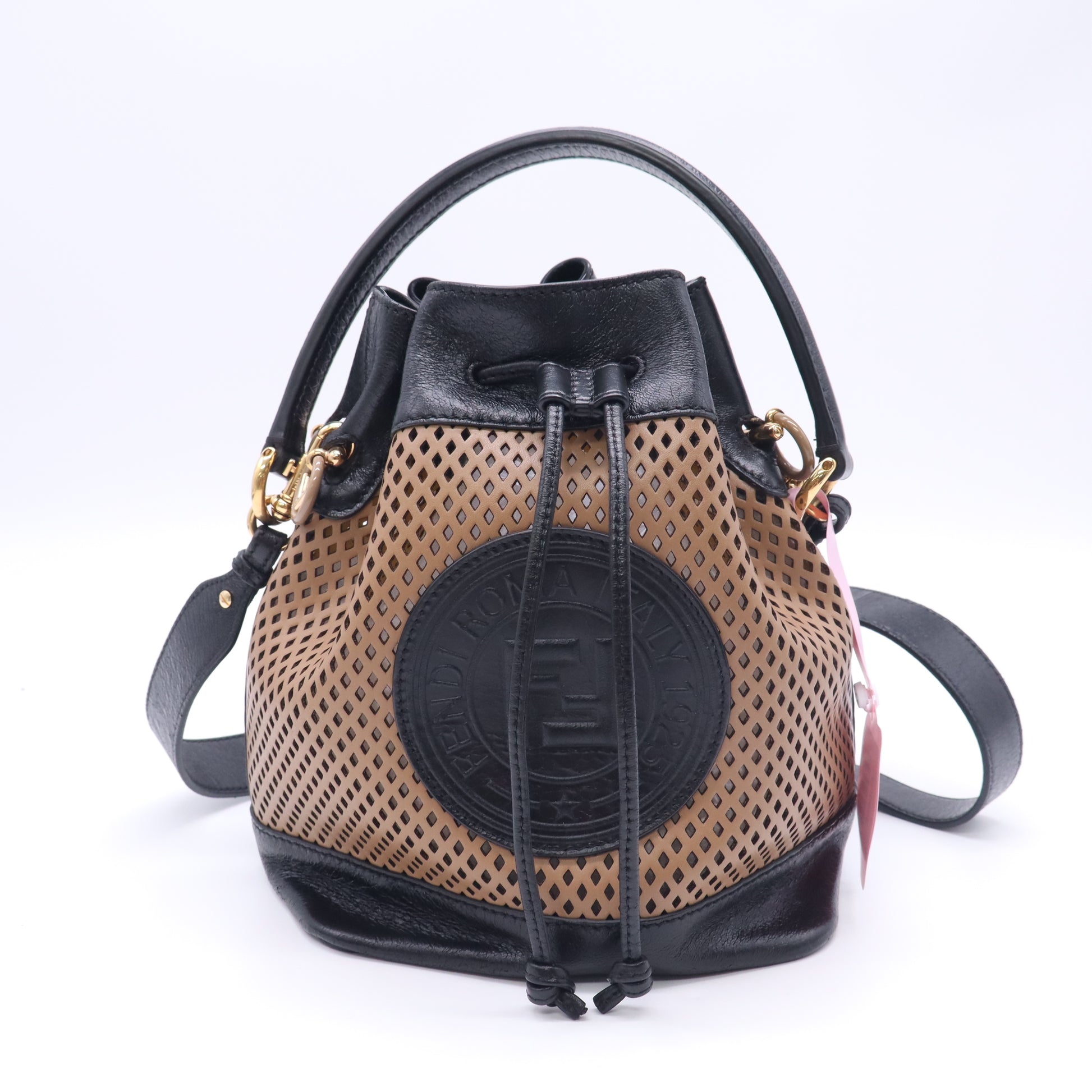 Fendi Perforated Small Mon Tresor Bucket Bag Sand Mimosa Black twins LDJ5806