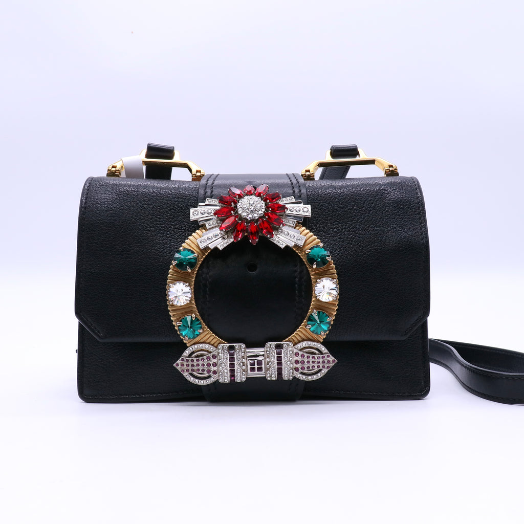 Miu Miu Black Madras Leather Crystal Embellished Buckle Flap Shoulder Bag  B21171