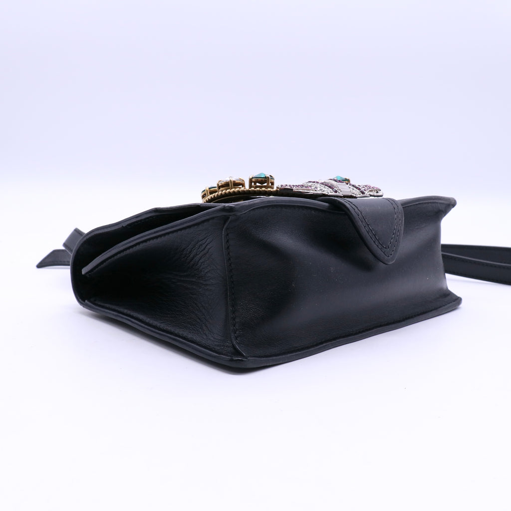 Miu Miu Black Madras Leather Crystal Embellished Buckle Flap Shoulder Bag  B21171
