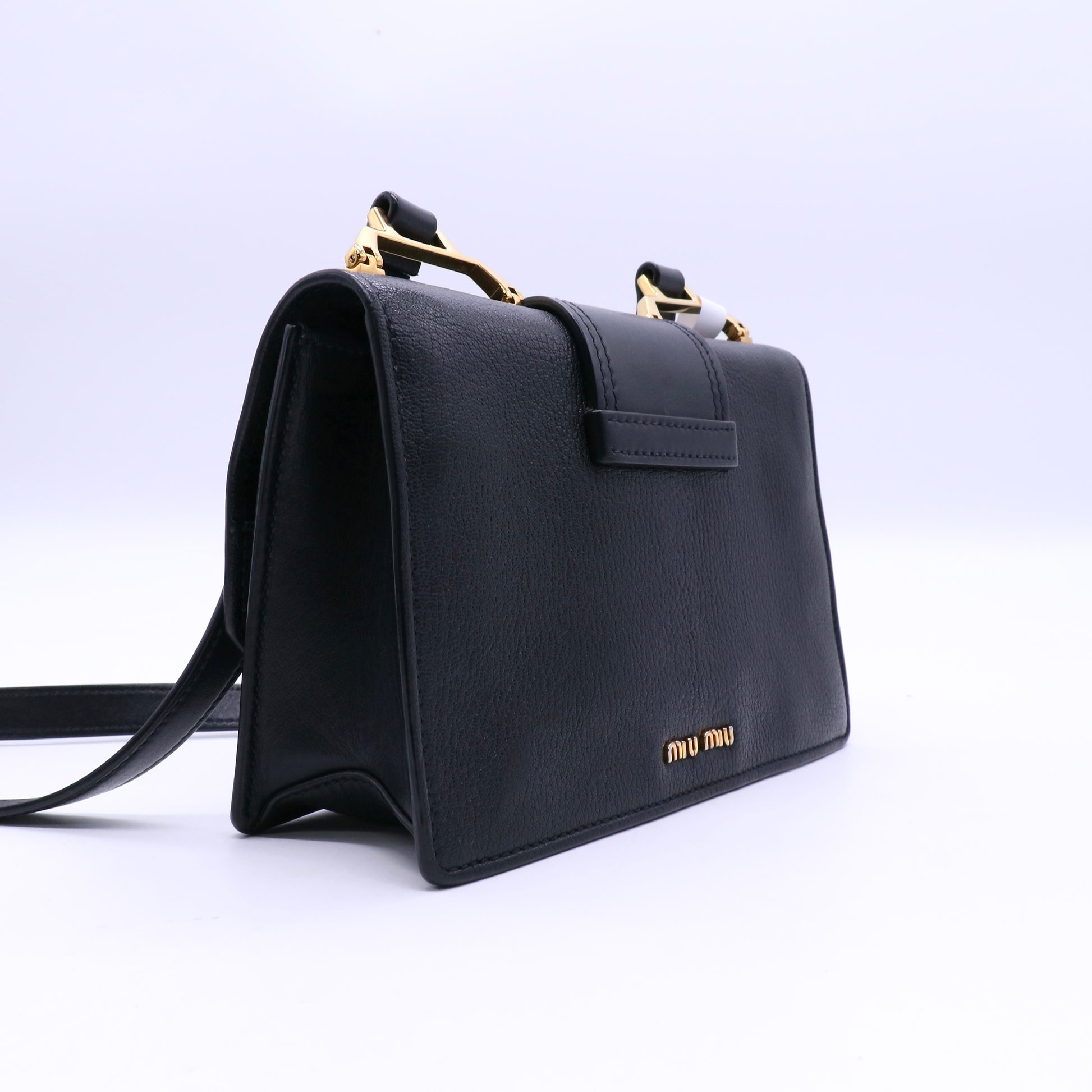 Miu Miu Black Madras Leather Crystal Embellished Buckle Flap Shoulder Bag  B21171