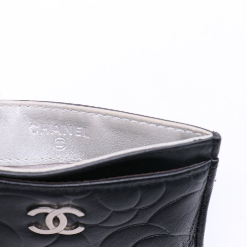 Lambskin Camellia Embossed Card Holder Black