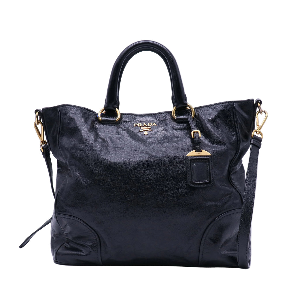 Prada Vitello Shine Tote Black twins LDJ4193