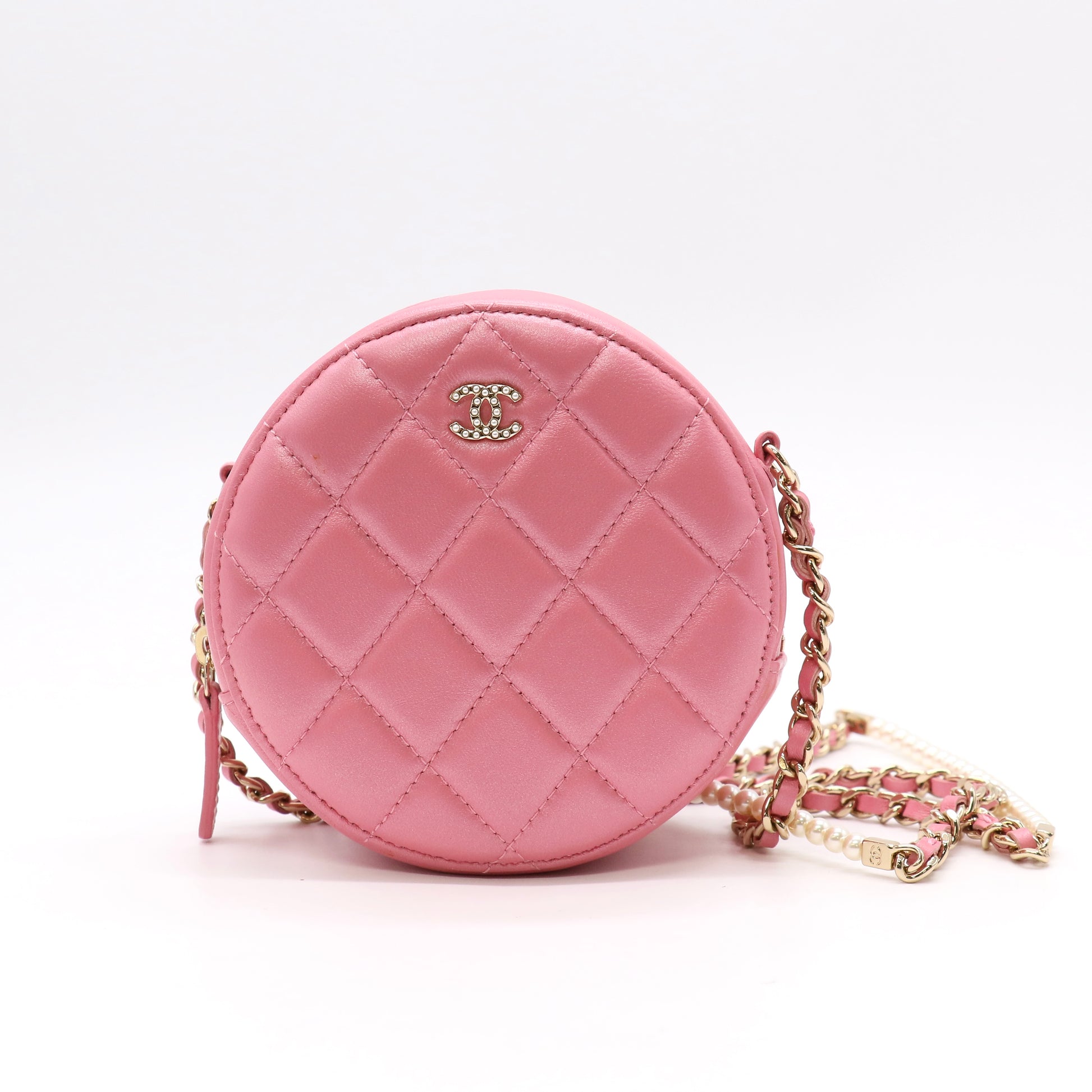 Chanel Pink Quilted Lambskin Leather Pearl Crush Round Clutch twins LDJ5854