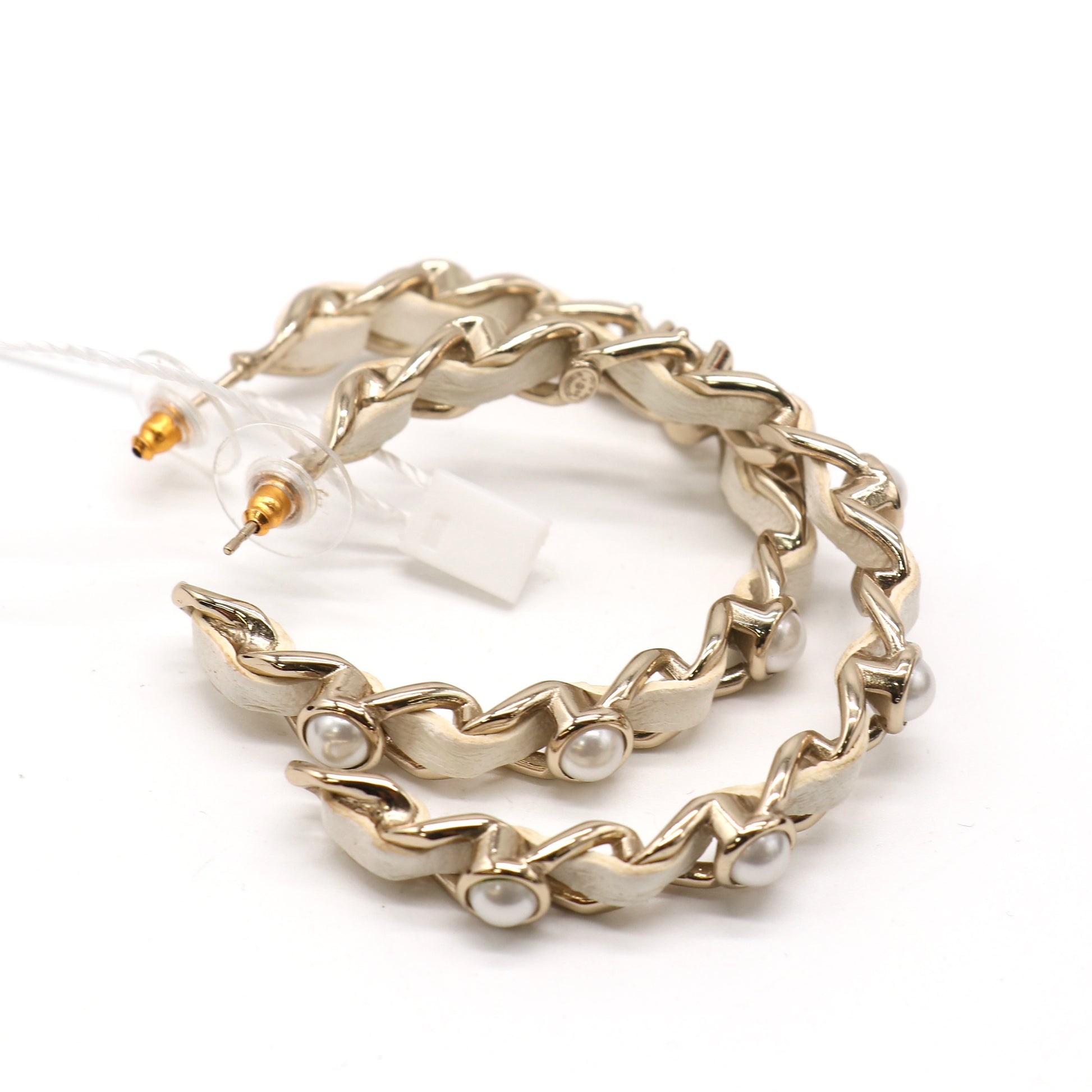 Chanel Interwoven Leather Pearl Hoop Earrings Twins LDZ512