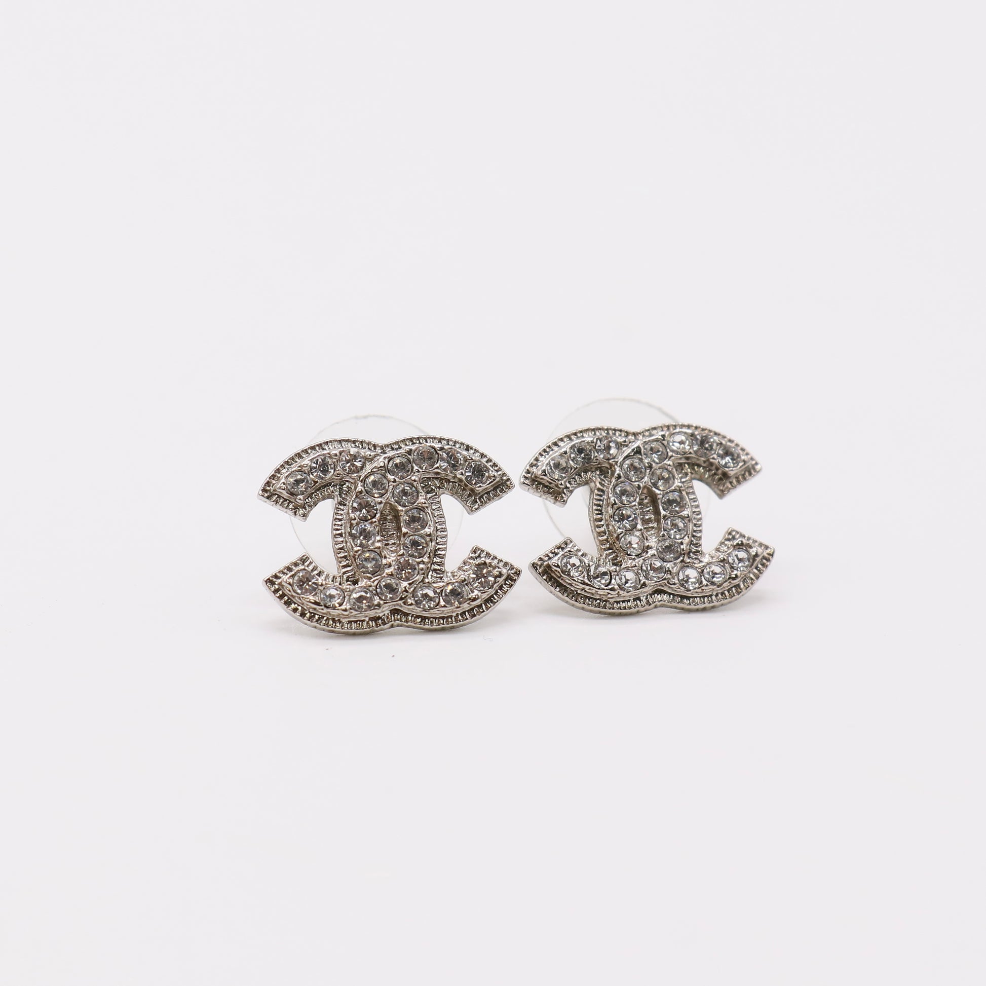 Chanel Crystal Timeless CC Earrings Silver Twins LDZ569