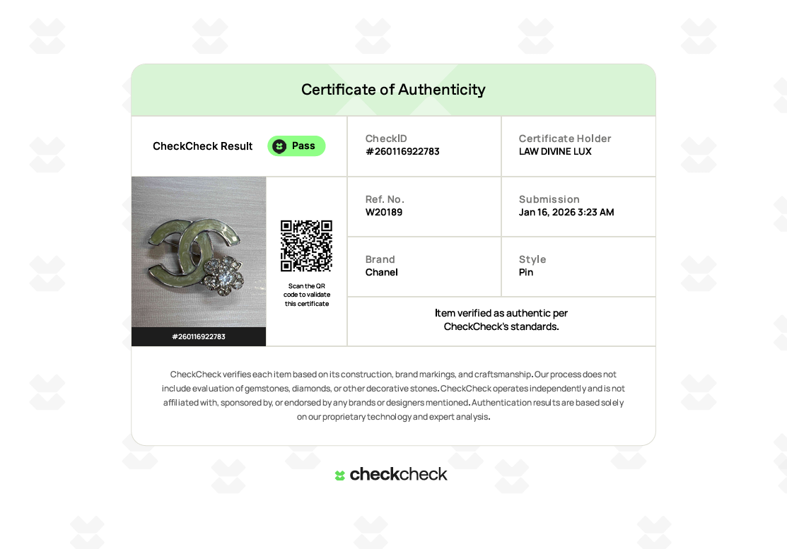 Crystal Green CC Logo Brooch W20189