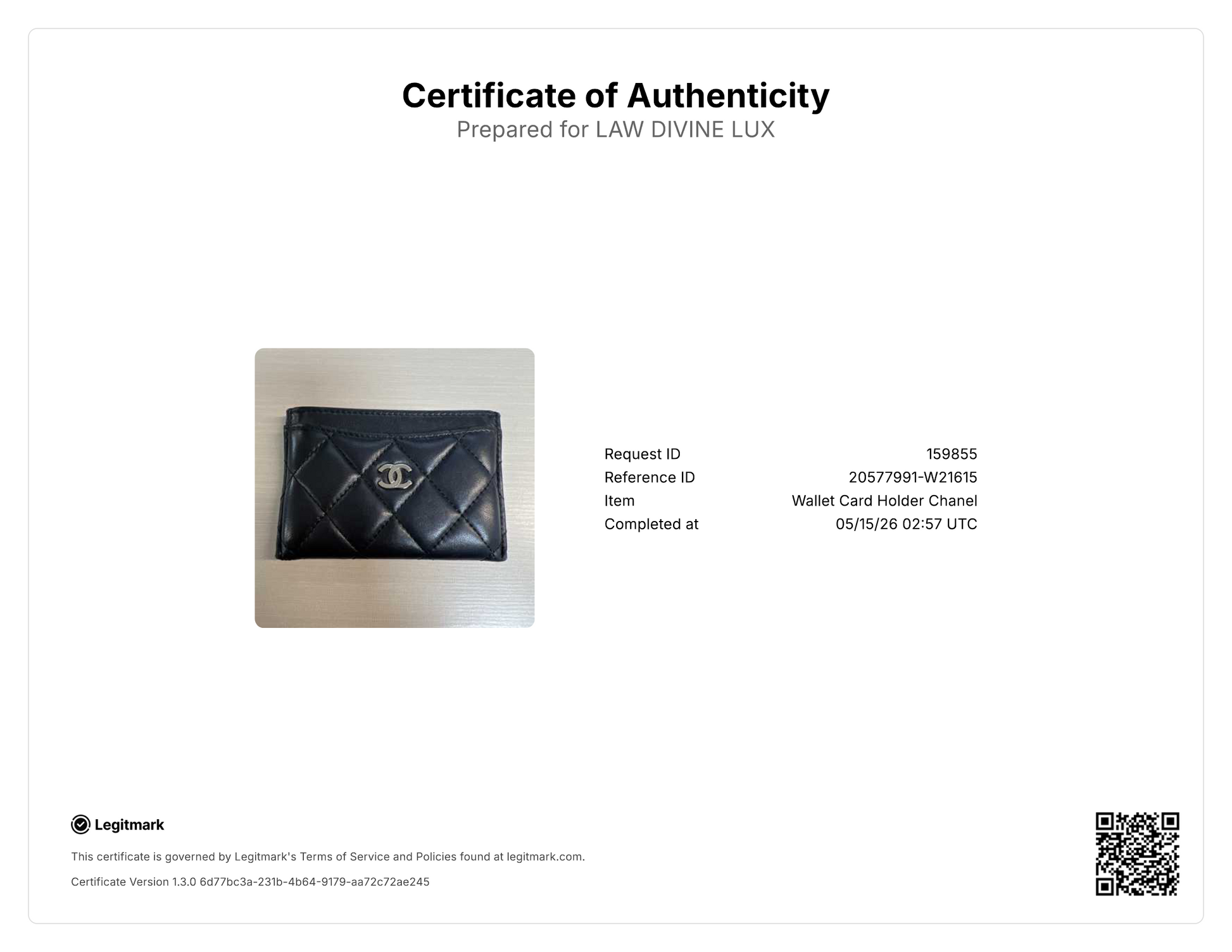 Chanel Classic Lambskin Quilted Card Holder W21615