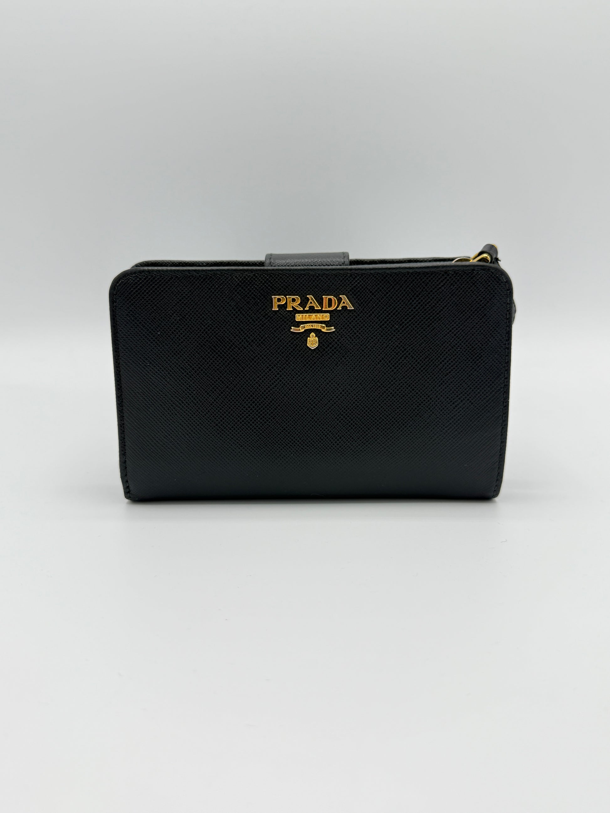Prada Black Saffiano Snap Compact Wallet