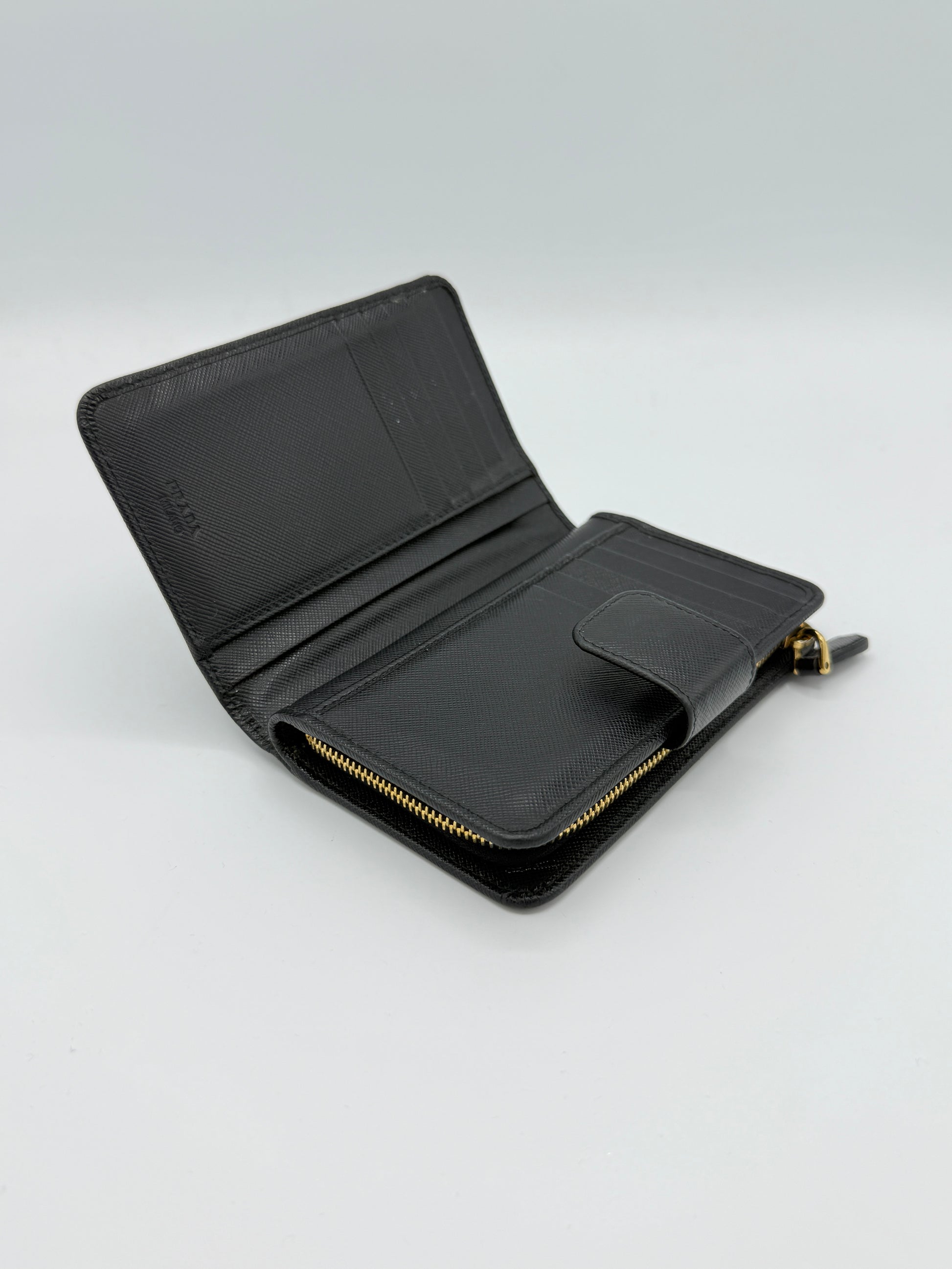 Prada Black Saffiano Snap Compact Wallet