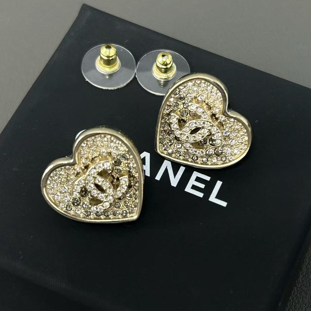 Chanel Crystal Metal CC Heart Earrings Twins LDJ4176