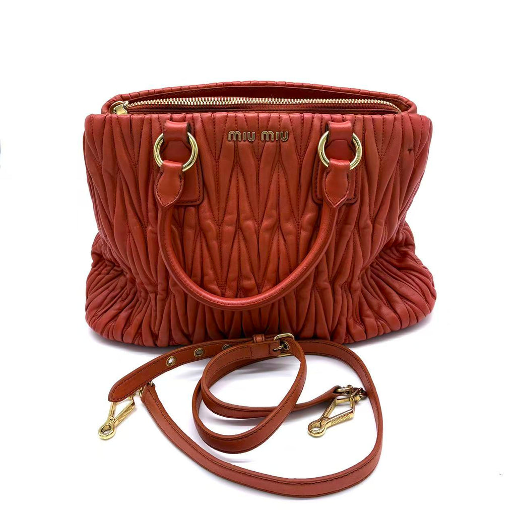 Matelasse Hand Bag Leather 2way Red Gold