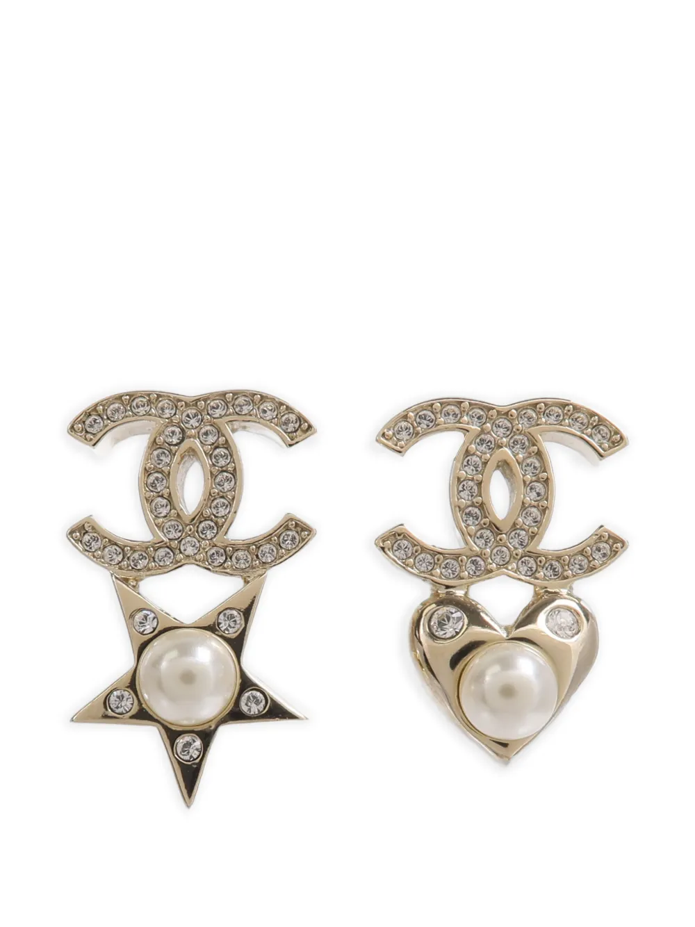 Chanel Goldtone Metal Faux Pearl and CC Heart Star Asymmetric Earring twins W22957