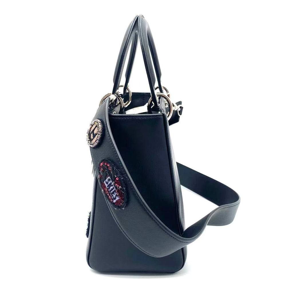 Black Leather Flower Embroidered Medium Lady Dior Tote