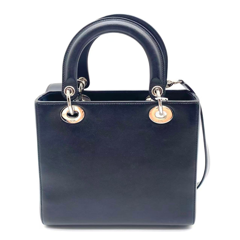 Black Leather Flower Embroidered Medium Lady Dior Tote