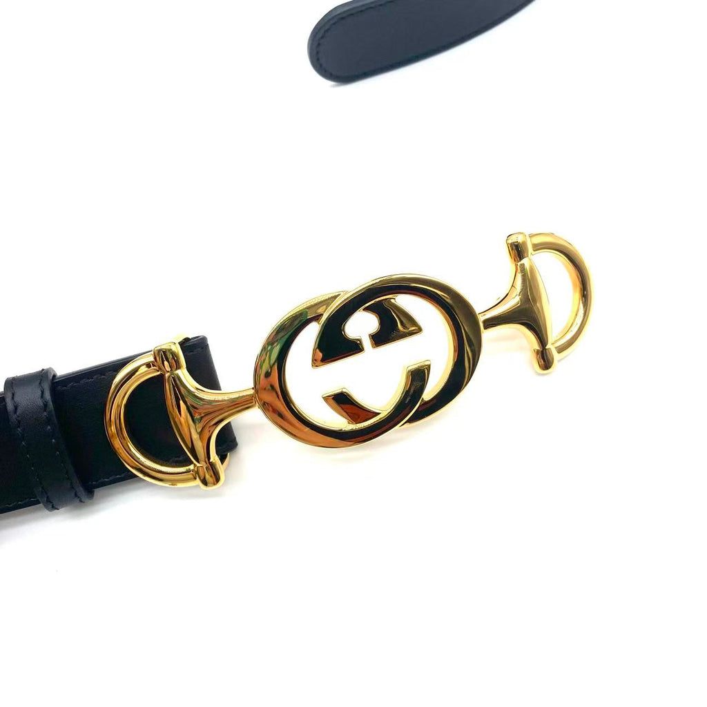 lack Leather Belt w/Gold GG Buckle