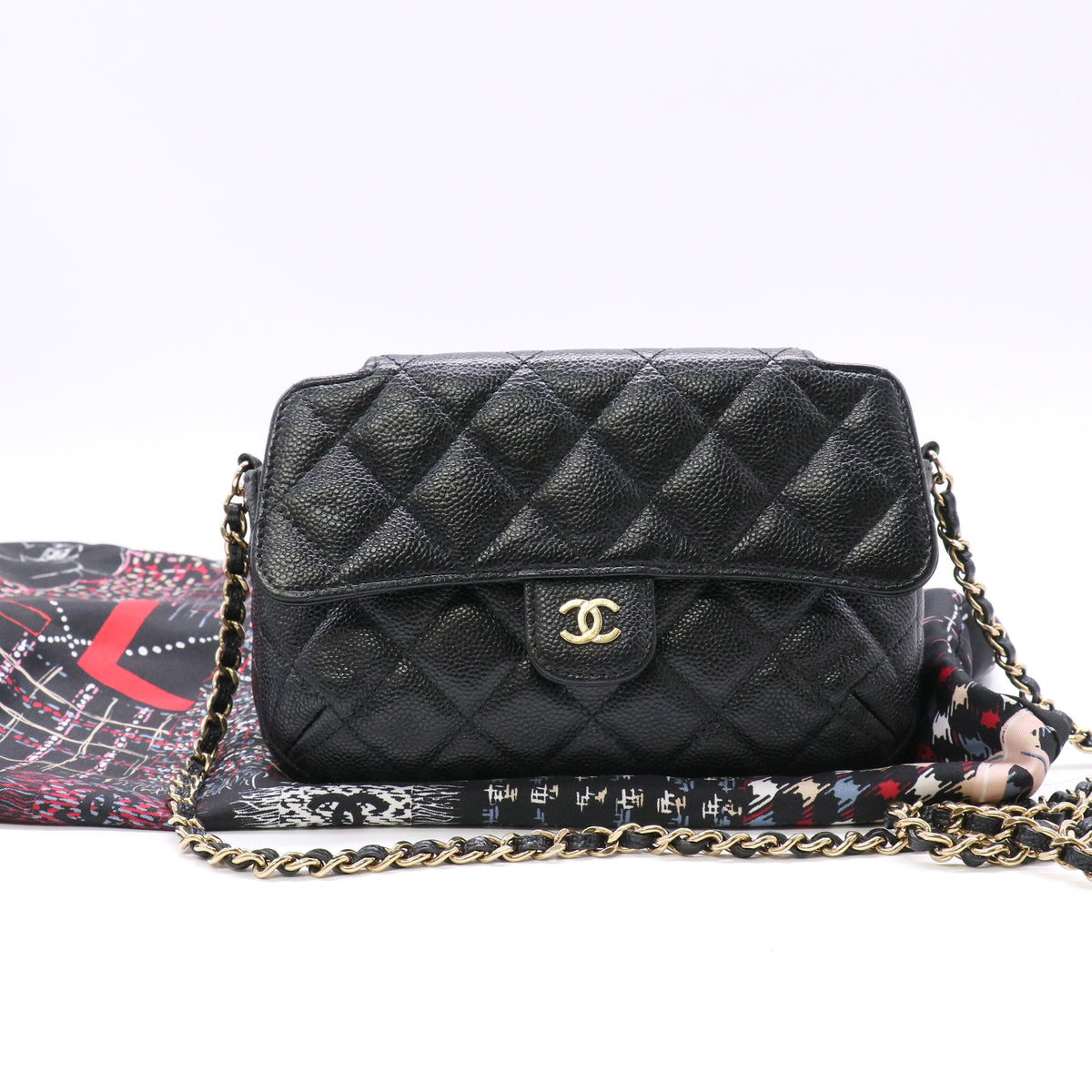 Chanel Black Quilted Caviar Clutch with Chain and Foldable Tote Bag Gold Hardware twins LDJ6574