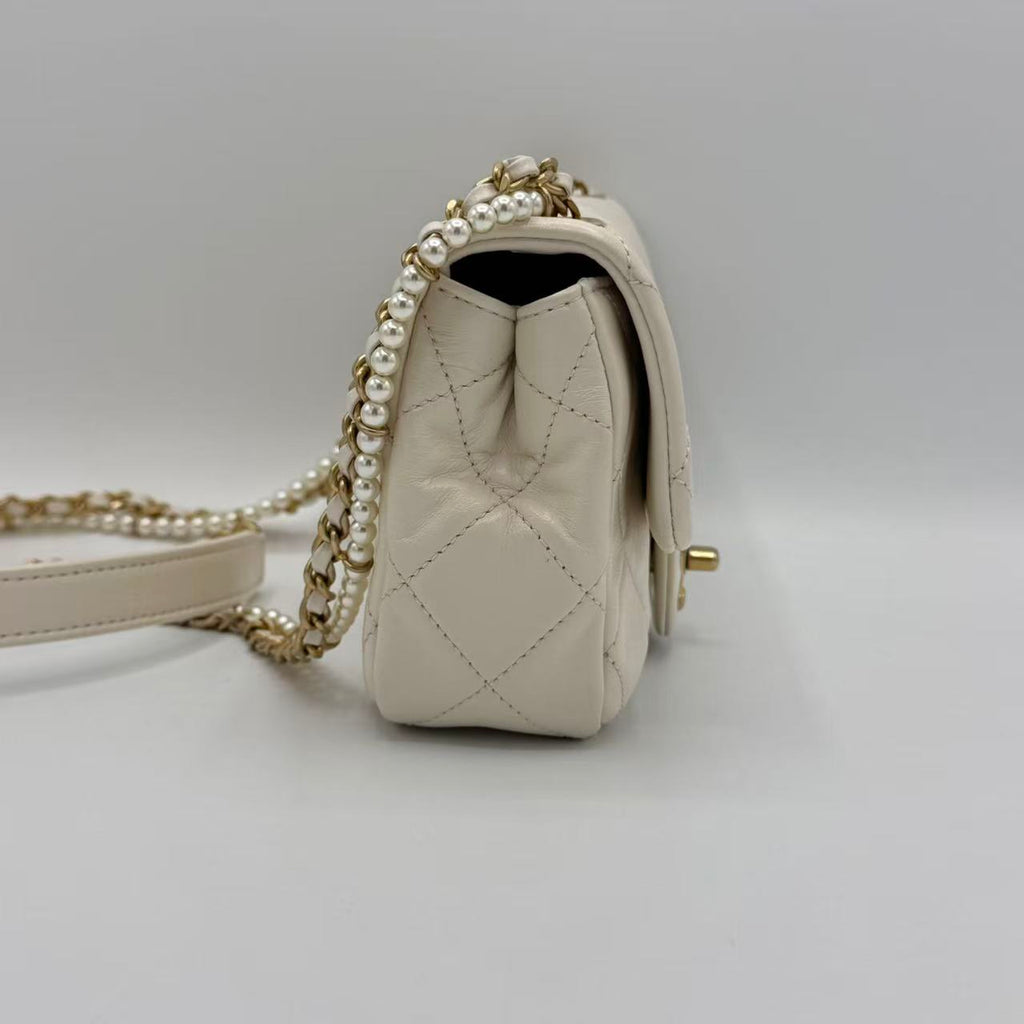 Calfskin Quilted Mini Crystal Pearls Rectangular Flap White