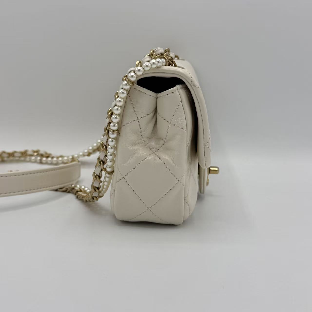 Calfskin Quilted Mini Crystal Pearls Rectangular Flap White