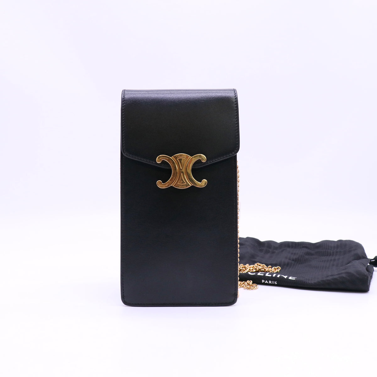 Celine Triomphe Phone Pouch Shoulder Bag Black Chain Twins LDZ1674