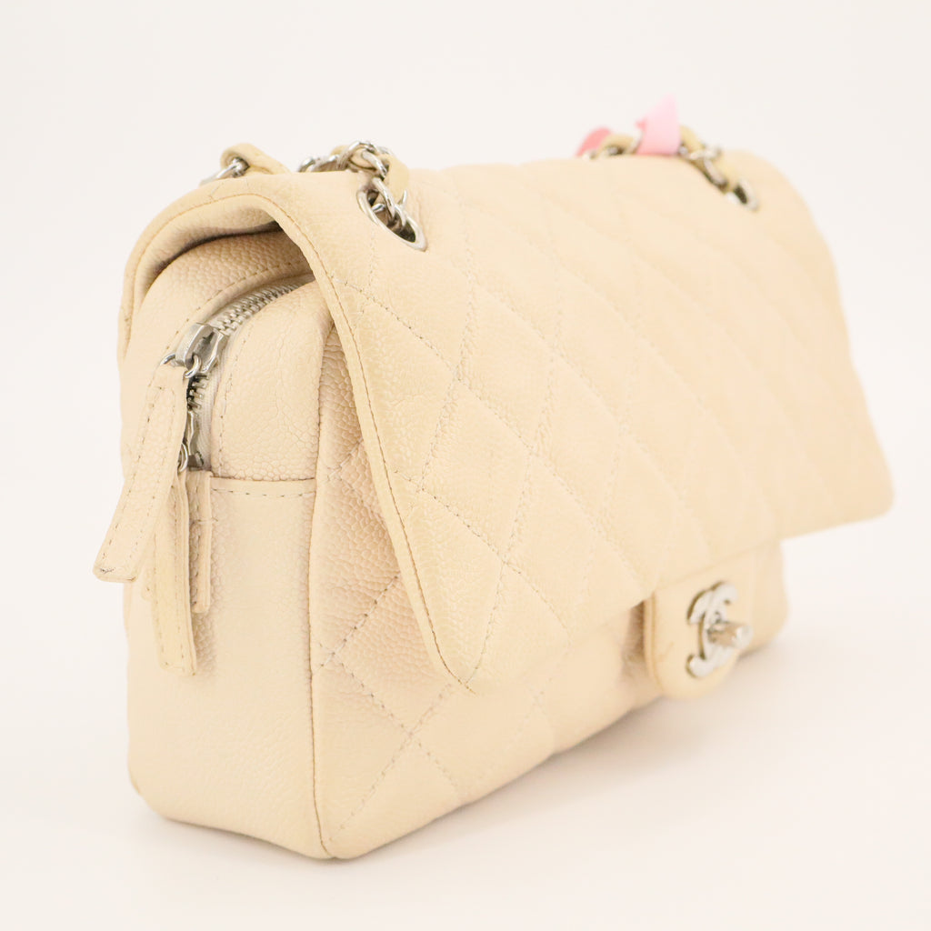 Beige Quilted Caviar Easy Flap Bag Silver Hardware twins