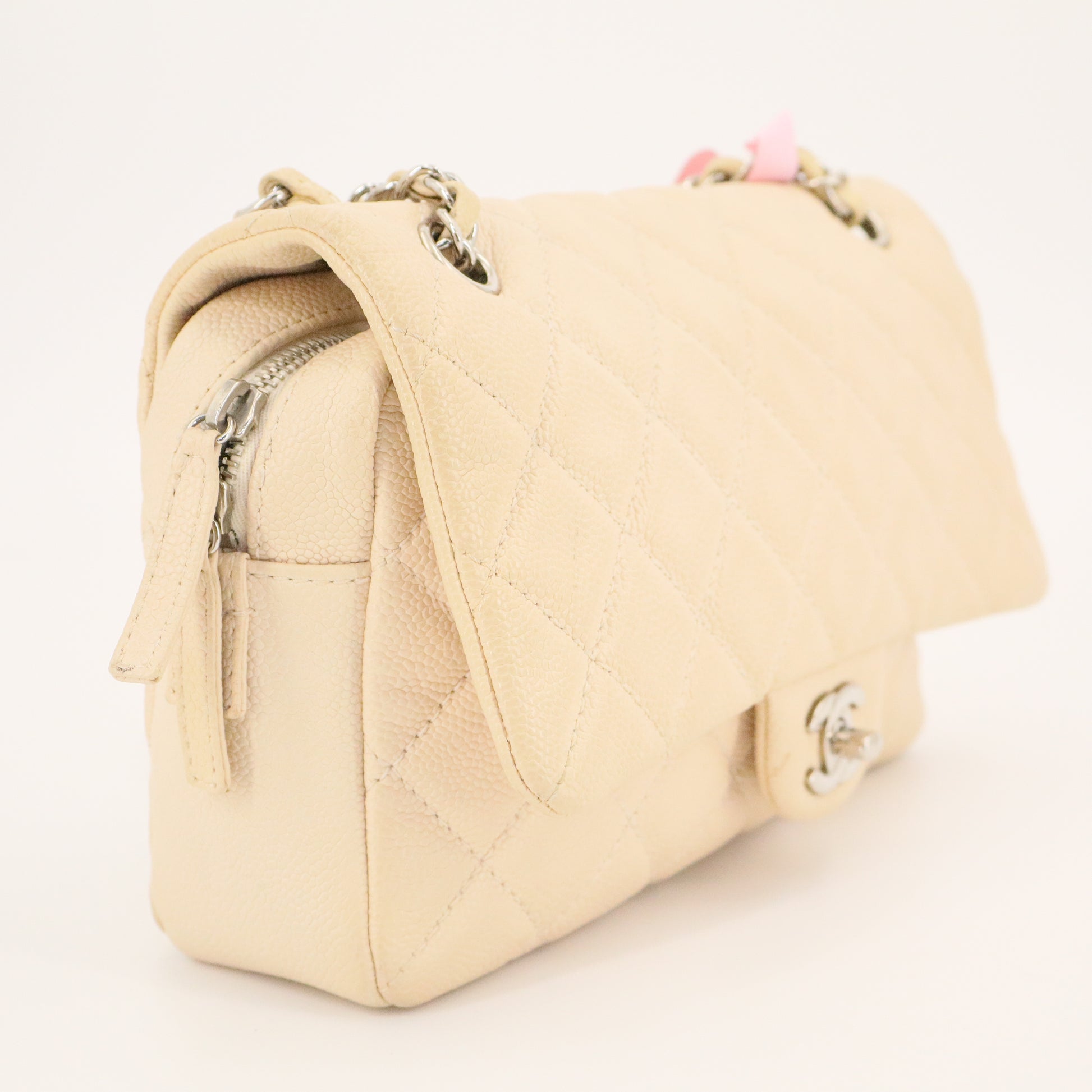 Beige Quilted Caviar Easy Flap Bag Silver Hardware twins