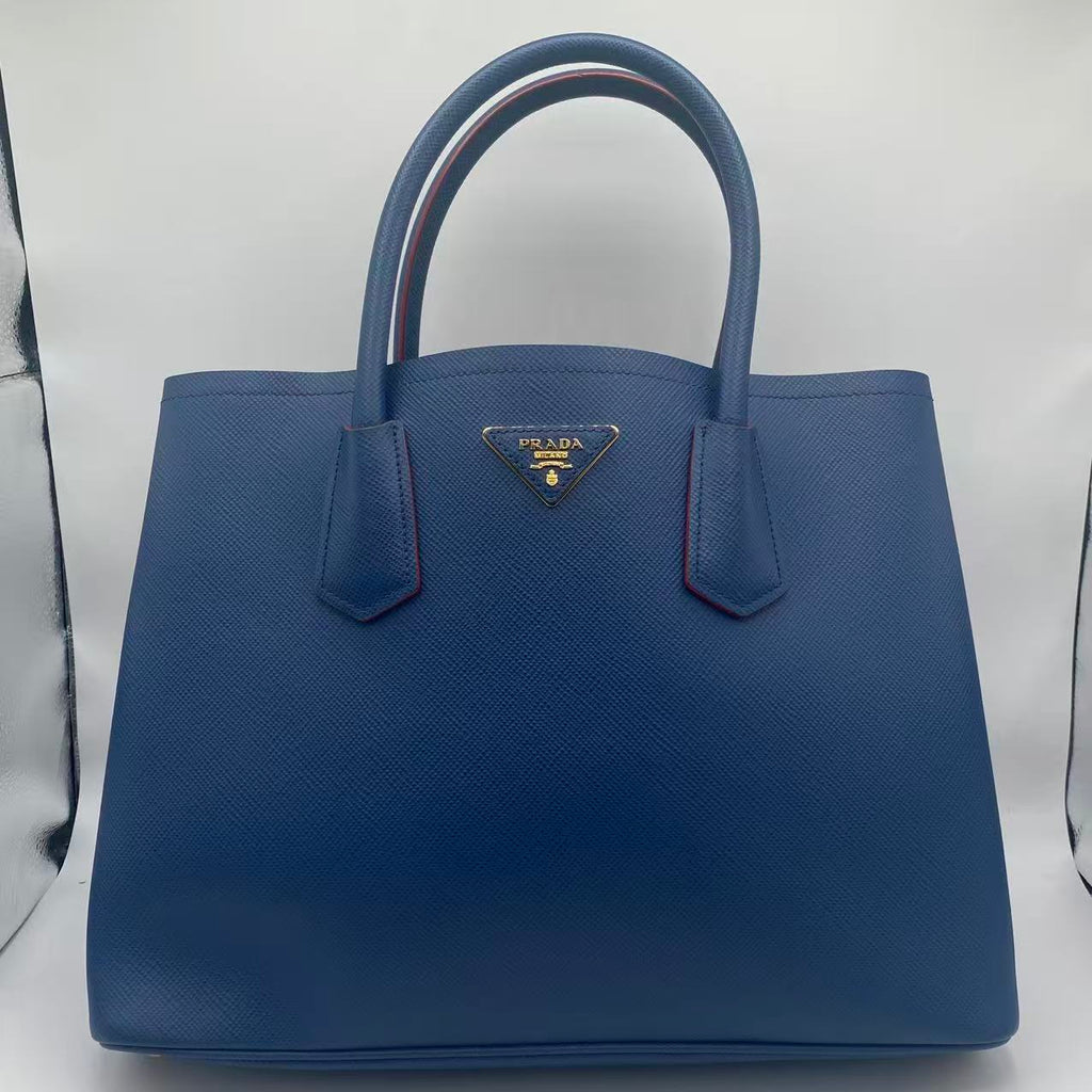 Navy Blue Saffiano Cuir Leather Double Handle Tote