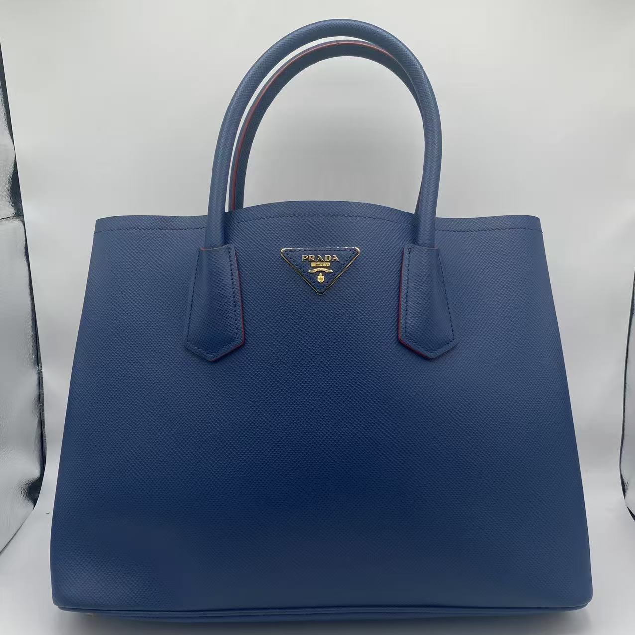 Navy Blue Saffiano Cuir Leather Double Handle Tote