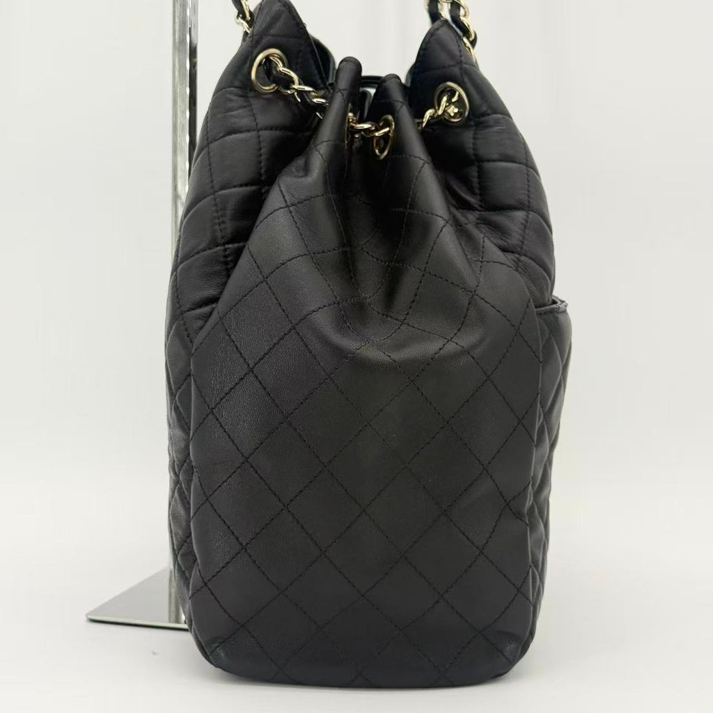 Quilted Lambskin Leather Drawstring Bucket Shoulder Bag