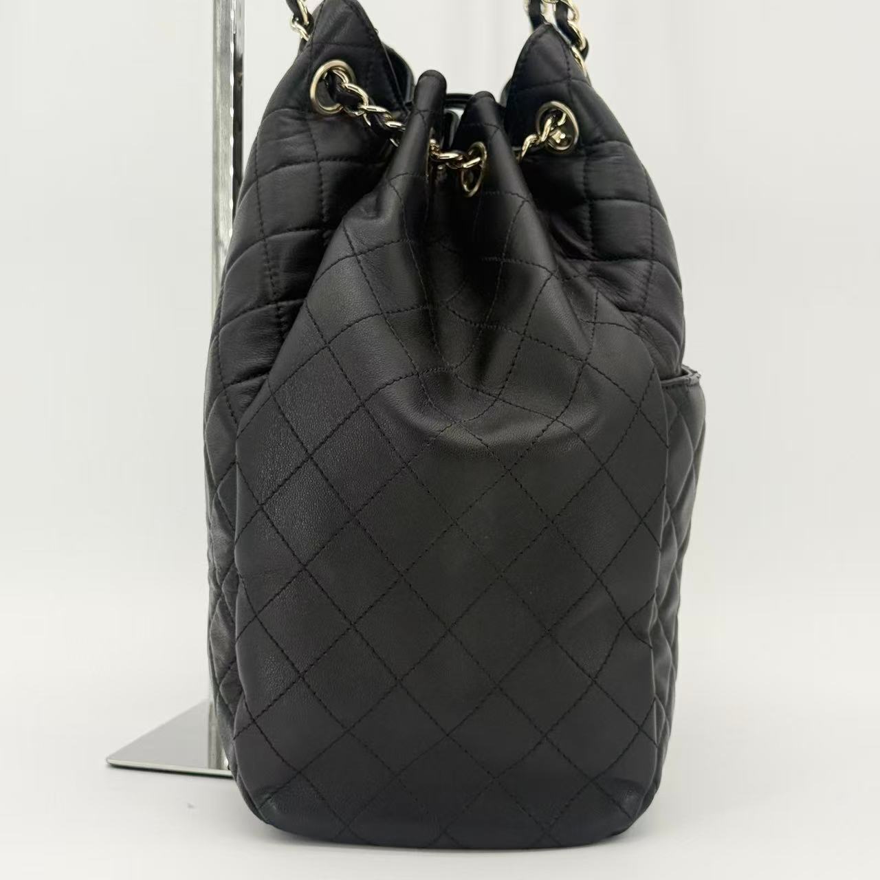 Quilted Lambskin Leather Drawstring Bucket Shoulder Bag