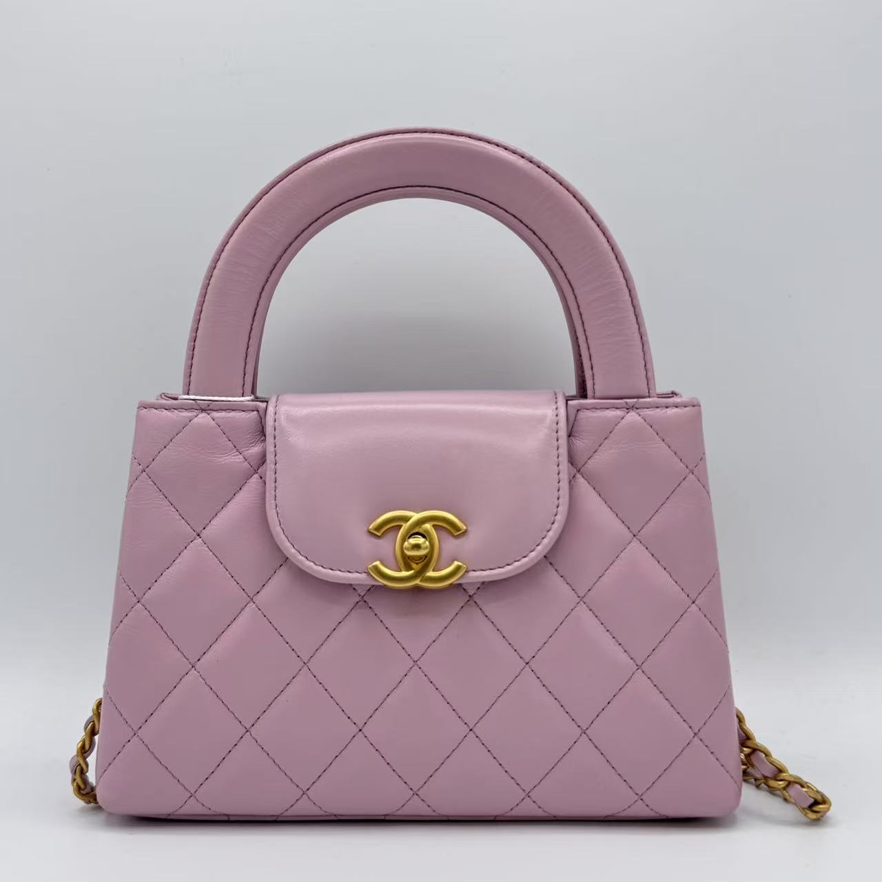 Chanel  Shiny Aged Calfskin Quilted Nano Kelly Shopper Pink