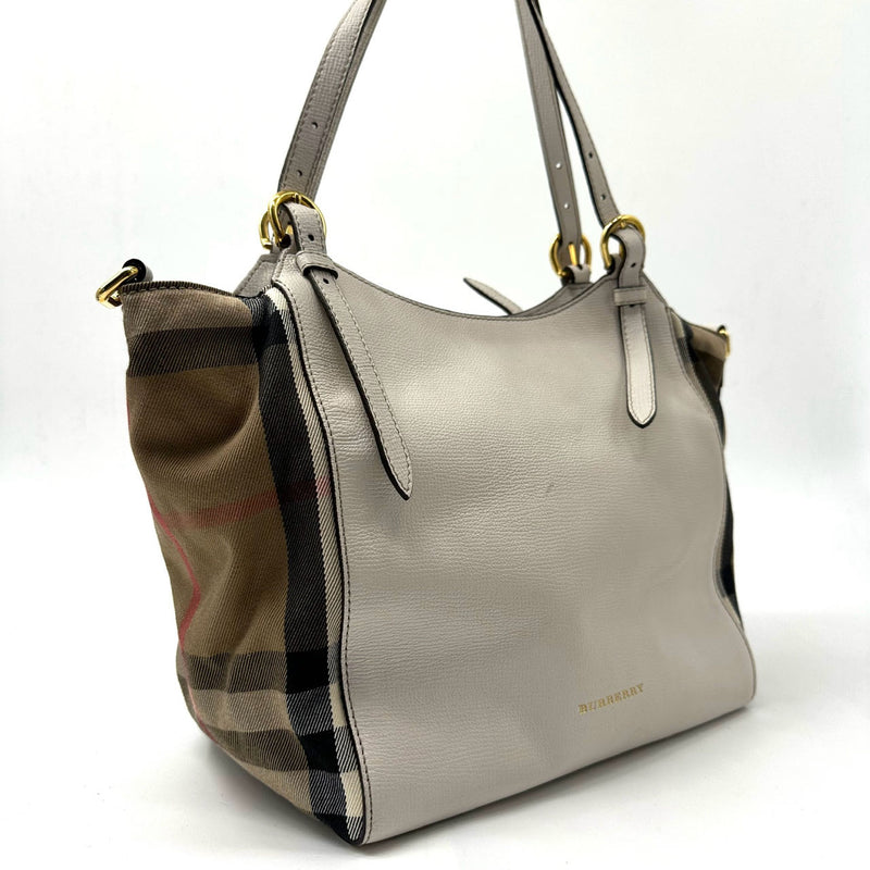 BURBERRY Leather/Check Canterbury Tote Light Grey/Beige